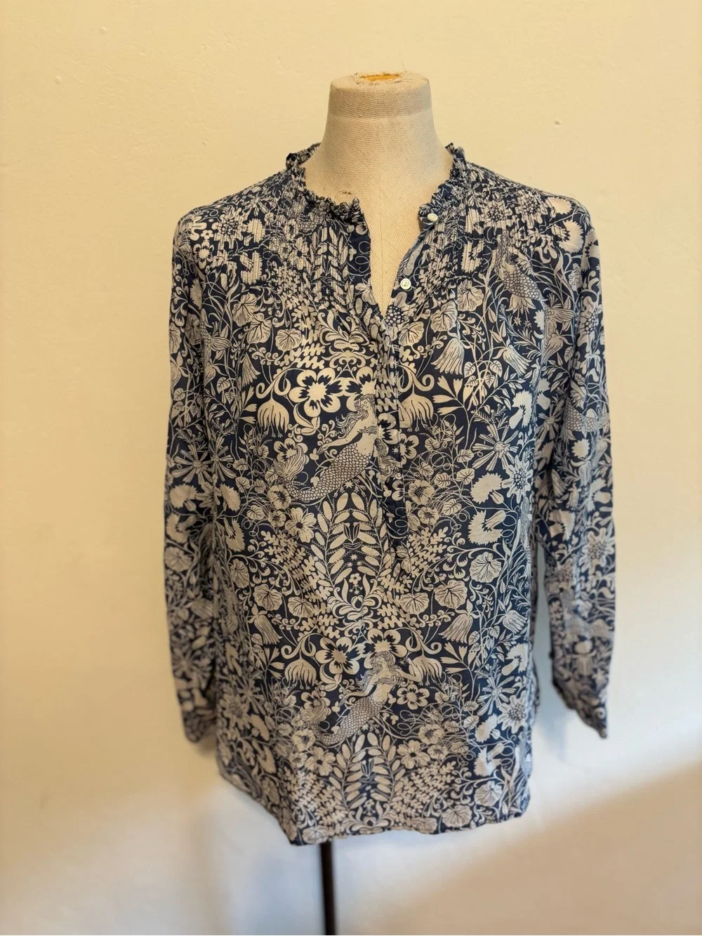 J.CREW Collection Silk-Cotton Smocked Ruffle-Neck Top in Mermaid Floral 4